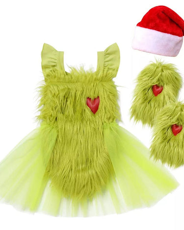 Baby Girl's Christmas Grinchmas Costume Baby Girls Faux Fur Tulle Tutu Dress and Socks Christmas Suit 0-24 Months