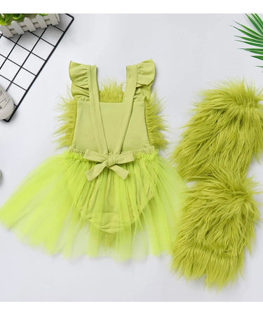 Baby Girl's Christmas Grinchmas Costume Baby Girls Faux Fur Tulle Tutu Dress and Socks Christmas Suit 0-24 Months