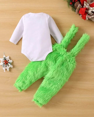 Grinchmas Baby Boys Girls 0-24M Infant Baby Christmas Clothes Set Letter Print Long Sleeve Romper + Fur Plush Suspender Pants/Skirts