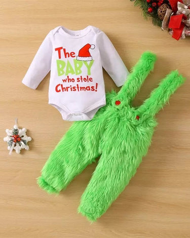 Grinchmas Baby Boys Girls 0-24M Infant Baby Christmas Clothes Set Letter Print Long Sleeve Romper + Fur Plush Suspender Pants/Skirts