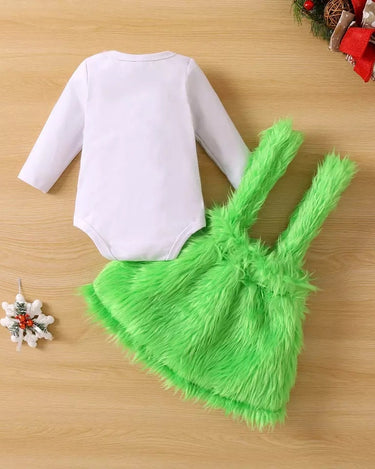 Grinchmas Baby Boys Girls 0-24M Infant Baby Christmas Clothes Set Letter Print Long Sleeve Romper + Fur Plush Suspender Pants/Skirts