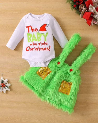 Grinchmas Baby Boys Girls 0-24M Infant Baby Christmas Clothes Set Letter Print Long Sleeve Romper + Fur Plush Suspender Pants/Skirts