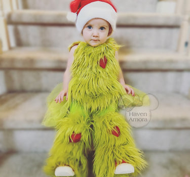 Baby Girl's Christmas Grinchmas Costume Baby Girls Faux Fur Tulle Tutu Dress and Socks Christmas Suit 0-24 Months