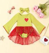 0-2Y Newborn Grinchmas Baby Girls 2Pcs Outfits Heart Print Long Sleeves Sequin Mesh Romper Dress and Headband for Toddler Cute Clothes