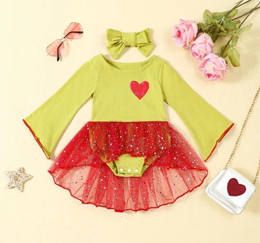 0-2Y Newborn Grinchmas Baby Girls 2Pcs Outfits Heart Print Long Sleeves Sequin Mesh Romper Dress and Headband for Toddler Cute Clothes