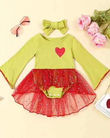 0-2Y Newborn Grinchmas Baby Girls 2Pcs Outfits Heart Print Long Sleeves Sequin Mesh Romper Dress and Headband for Toddler Cute Clothes