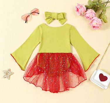 0-2Y Newborn Grinchmas Baby Girls 2Pcs Outfits Heart Print Long Sleeves Sequin Mesh Romper Dress and Headband for Toddler Cute Clothes