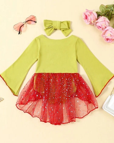 0-2Y Newborn Grinchmas Baby Girls 2Pcs Outfits Heart Print Long Sleeves Sequin Mesh Romper Dress and Headband for Toddler Cute Clothes