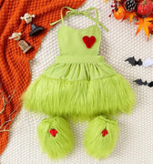 Grinchmas Baby Girls Baby Girl 2Pcs Faux Fur Tulle Christmas Outfits Sleeveless Halter Dress + Leg Warmers Set Green Halloween Christmas