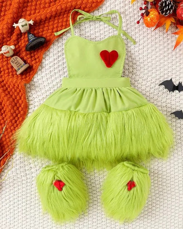 Grinchmas Baby Girls Baby Girl 2Pcs Faux Fur Tulle Christmas Outfits Sleeveless Halter Dress + Leg Warmers Set Green Halloween Christmas