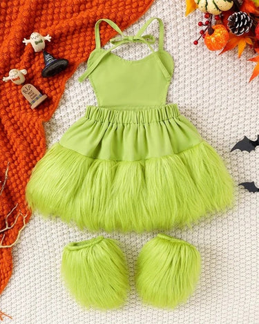 Grinchmas Baby Girls Baby Girl 2Pcs Faux Fur Tulle Christmas Outfits Sleeveless Halter Dress + Leg Warmers Set Green Halloween Christmas