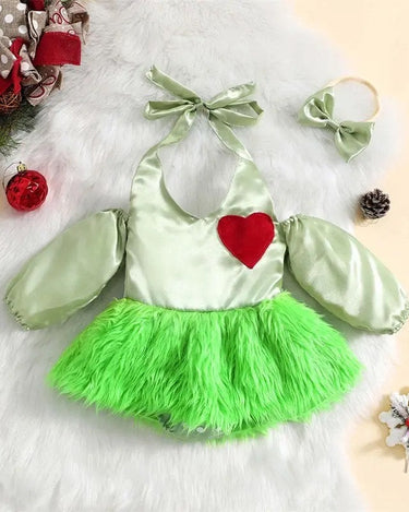 0-18M Baby Girls Christmas Cute Romper 2pcs Outfits Long Sleeve Halter Heart Print Jumpsuits Dress with Headband