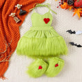 Grinchmas Baby Girls Baby Girl 2Pcs Faux Fur Tulle Christmas Outfits Sleeveless Halter Dress + Leg Warmers Set Green Halloween Christmas