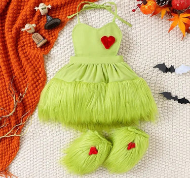 Grinchmas Baby Girls Baby Girl 2Pcs Faux Fur Tulle Christmas Outfits Sleeveless Halter Dress + Leg Warmers Set Green Halloween Christmas