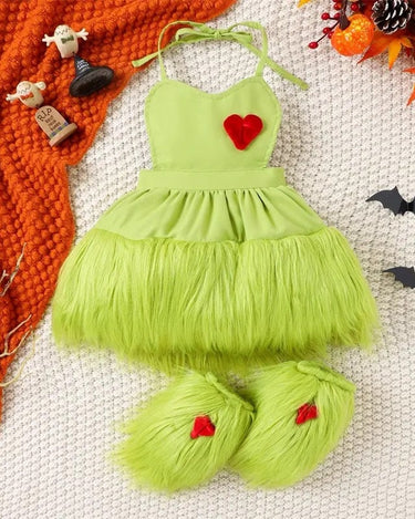 Grinchmas Baby Girls Baby Girl 2Pcs Faux Fur Tulle Christmas Outfits Sleeveless Halter Dress + Leg Warmers Set Green Halloween Christmas