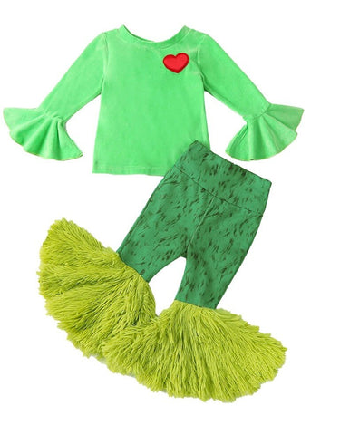 Grinchmas 1-6Y Christmas Kids Girls Autumn Clothes Sets 2pcs Heart Print Long Sleeve Velvet Pullover Tops+Fur Flare Pants