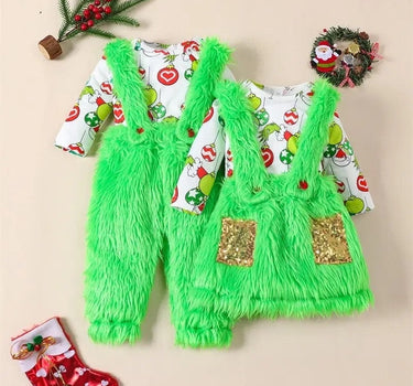 Christmas Newborn Baby Girls Clothes Sets Cartoon Print Long Sleeve O-neck Bodysuits+Fur Suspender Skirts/Pants Xmas Outfits