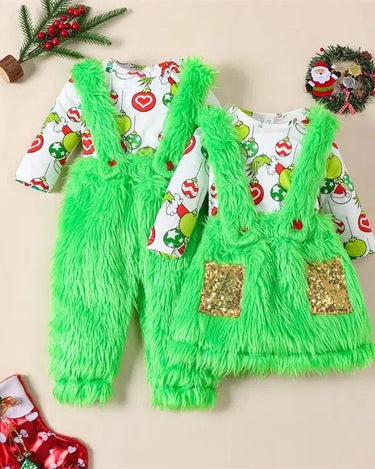 Christmas Newborn Baby Girls Clothes Sets Cartoon Print Long Sleeve O-neck Bodysuits+Fur Suspender Skirts/Pants Xmas Outfits