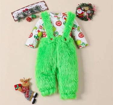 Christmas Newborn Baby Girls Clothes Sets Cartoon Print Long Sleeve O-neck Bodysuits+Fur Suspender Skirts/Pants Xmas Outfits