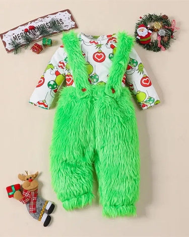 Christmas Newborn Baby Girls Clothes Sets Cartoon Print Long Sleeve O-neck Bodysuits+Fur Suspender Skirts/Pants Xmas Outfits