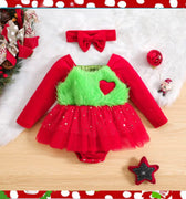 Baby Girls Christmas Green Furry Heart Dress