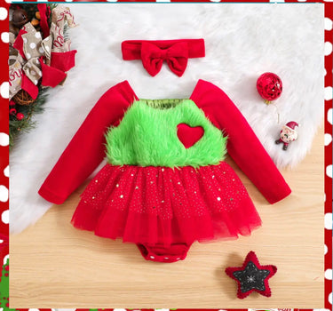 Baby Girls Christmas Green Furry Heart Dress