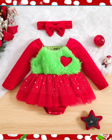 Baby Girls Christmas Green Furry Heart Dress