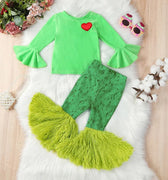 Grinchmas 1-6Y Christmas Kids Girls Autumn Clothes Sets 2pcs Heart Print Long Sleeve Velvet Pullover Tops+Fur Flare Pants