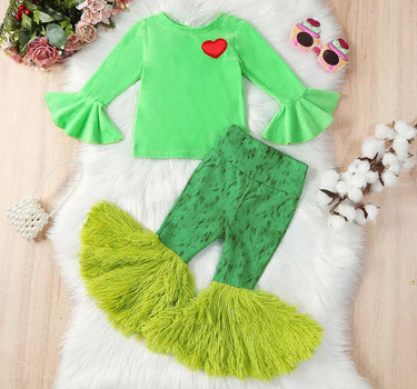 Grinchmas 1-6Y Christmas Kids Girls Autumn Clothes Sets 2pcs Heart Print Long Sleeve Velvet Pullover Tops+Fur Flare Pants