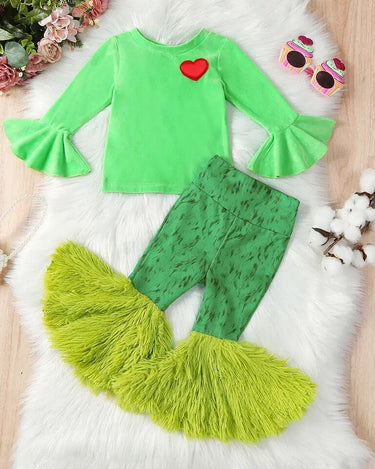 Grinchmas 1-6Y Christmas Kids Girls Autumn Clothes Sets 2pcs Heart Print Long Sleeve Velvet Pullover Tops+Fur Flare Pants