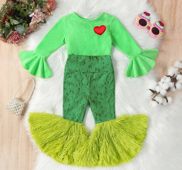 Grinchmas 1-6Y Christmas Kids Girls Autumn Clothes Sets 2pcs Heart Print Long Sleeve Velvet Pullover Tops+Fur Flare Pants