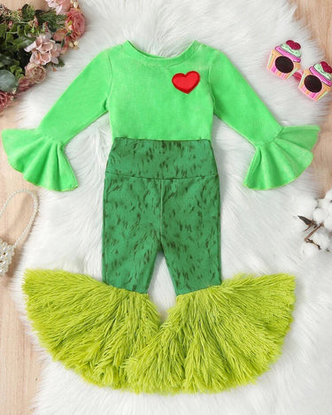 Grinchmas 1-6Y Christmas Kids Girls Autumn Clothes Sets 2pcs Heart Print Long Sleeve Velvet Pullover Tops+Fur Flare Pants