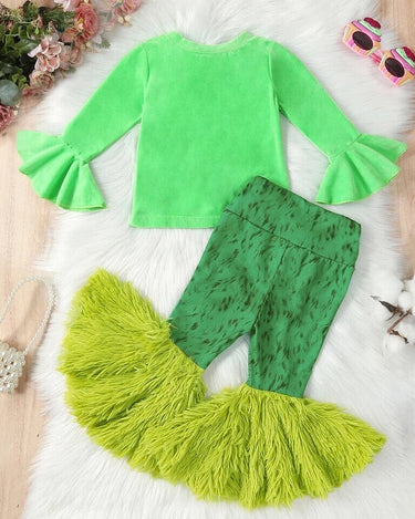 Grinchmas 1-6Y Christmas Kids Girls Autumn Clothes Sets 2pcs Heart Print Long Sleeve Velvet Pullover Tops+Fur Flare Pants