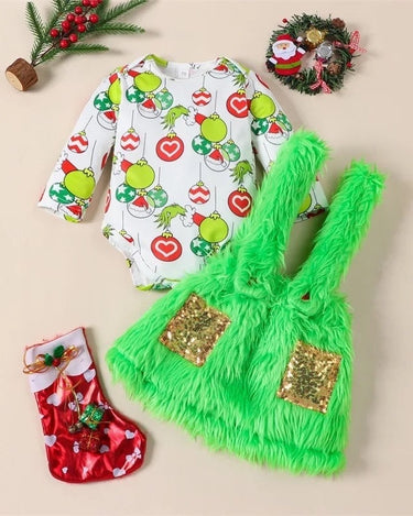 Christmas Newborn Baby Girls Clothes Sets Cartoon Print Long Sleeve O-neck Bodysuits+Fur Suspender Skirts/Pants Xmas Outfits