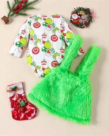 Christmas Newborn Baby Girls Clothes Sets Cartoon Print Long Sleeve O-neck Bodysuits+Fur Suspender Skirts/Pants Xmas Outfits