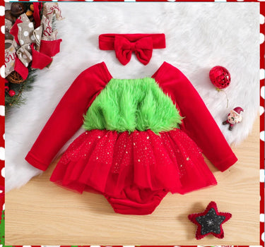 Baby Girls Christmas Green Furry Heart Dress