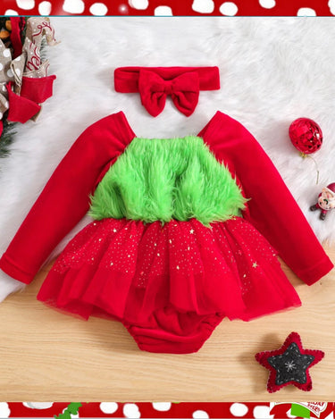 Baby Girls Christmas Green Furry Heart Dress