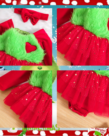 Baby Girls Christmas Green Furry Heart Dress