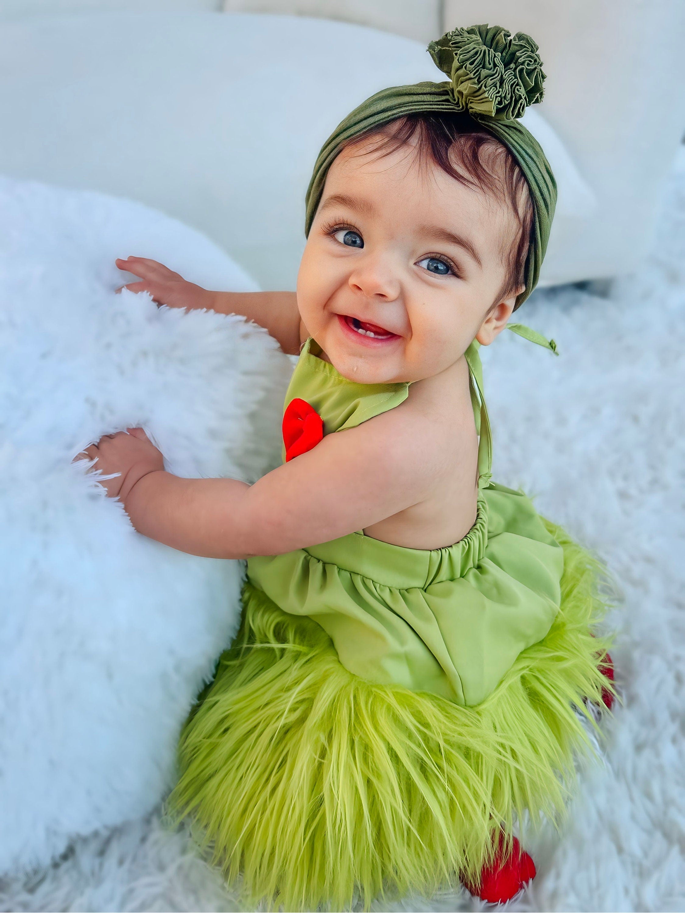 Baby Girls Grinchmas Baby Girl 2Pcs Faux Fur Tulle Christmas Outfits Sleeveless Halter Dress + Leg Warmers Set Green Halloween Christmas