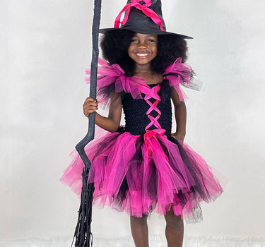 Girls Deluxe Witch Trio Tutu Costume Dress Hat Broom Set