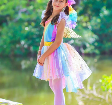 Girls Magical Golden Rainbow Unicorn Costume Dress Set - Enchanting Fantasy Attire