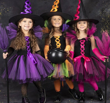 Girls Deluxe Witch Trio Tutu Costume Dress Hat Broom Set