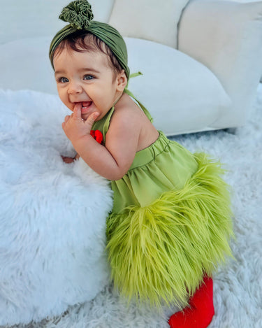 Baby Girls Grinchmas Baby Girl 2Pcs Faux Fur Tulle Christmas Outfits Sleeveless Halter Dress + Leg Warmers Set Green Halloween Christmas