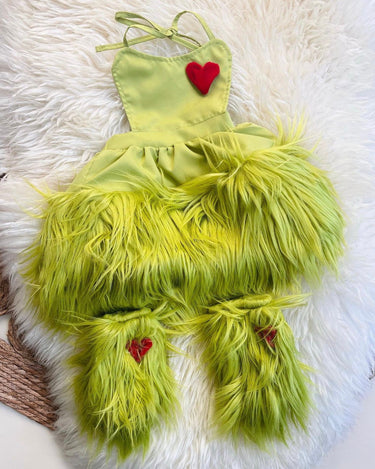 Baby Girls Grinchmas Baby Girl 2Pcs Faux Fur Tulle Christmas Outfits Sleeveless Halter Dress + Leg Warmers Set Green Halloween Christmas