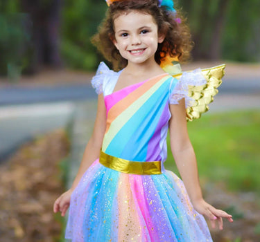 Girls Magical Golden Rainbow Unicorn Costume Dress Set - Enchanting Fantasy Attire