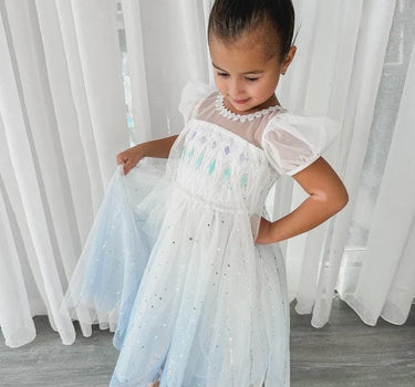 Elsa Frozen Princess Dress – Sparkly White & Blue Tulle Gown for Girls