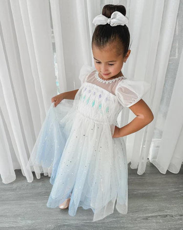 Elsa Frozen Princess Dress – Sparkly White & Blue Tulle Gown for Girls