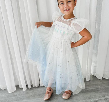 Elsa Frozen Princess Dress – Sparkly White & Blue Tulle Gown for Girls