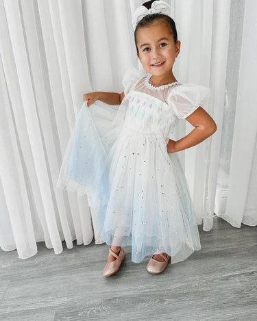 Elsa Frozen Princess Dress – Sparkly White & Blue Tulle Gown for Girls