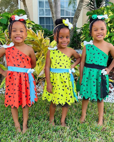 Flintstones-Inspired Toddler Costume Dress Set – Pebbles & Bamm-Bamm Style with Matching Headbands